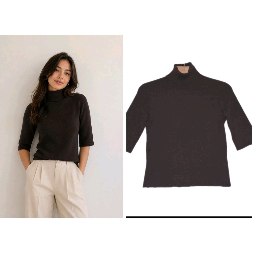 Lauren Ralph Lauren Womens Ribbed Turtleneck Sweater Brown Silk Blend Large